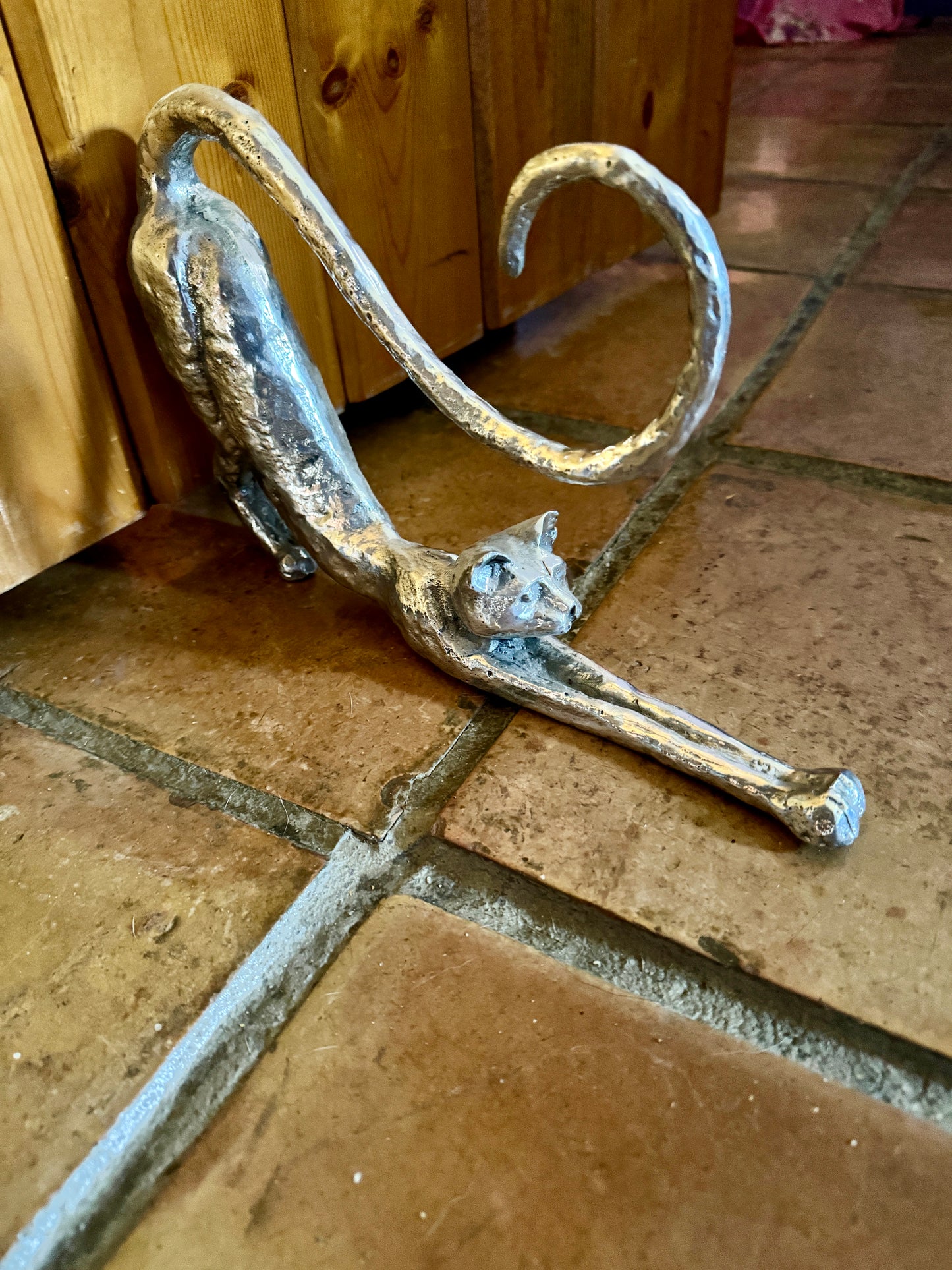 Cat Stretching, Sculpture in Silver-plated Bronze