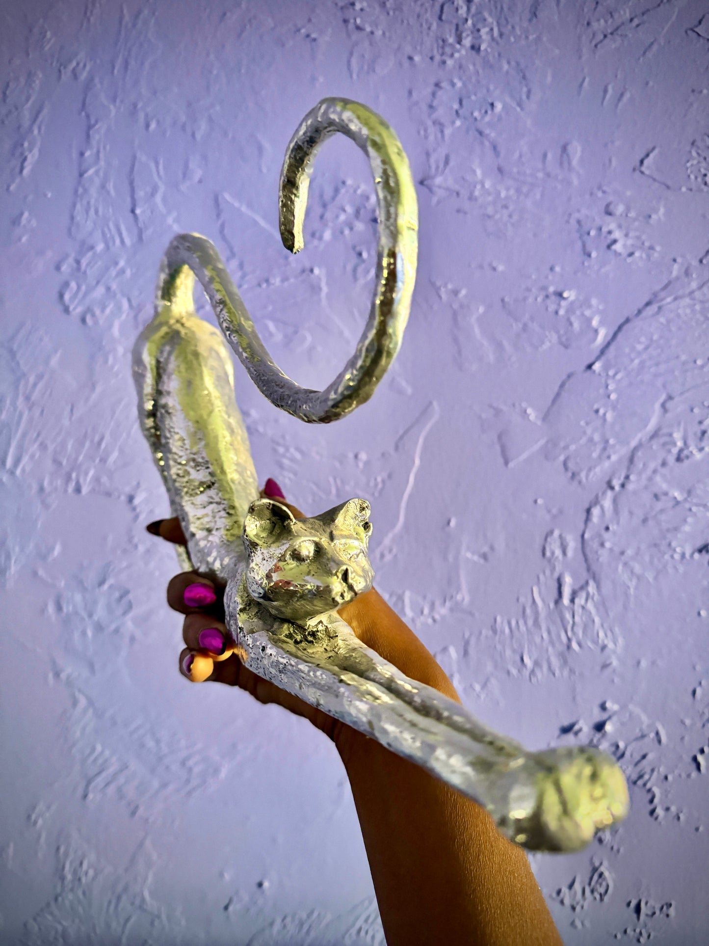 Cat Stretching, Sculpture in Silver-plated Bronze