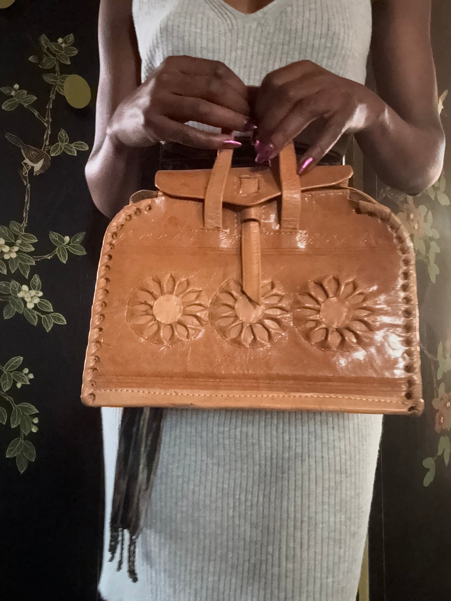 Bohemian Sunflowers Handcrafted Leather Handbag with Shoulder Strap, in Honey Brown