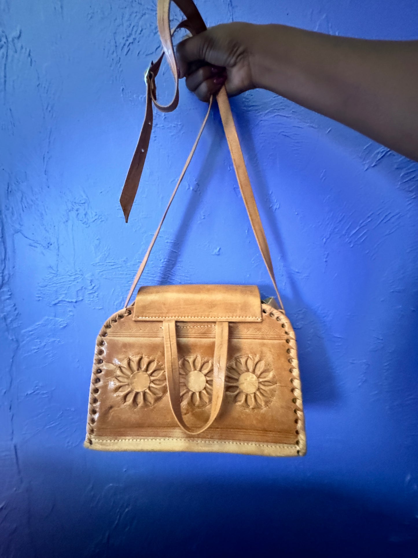 Bohemian Sunflowers Handcrafted Leather Handbag with Shoulder Strap, in Honey Brown