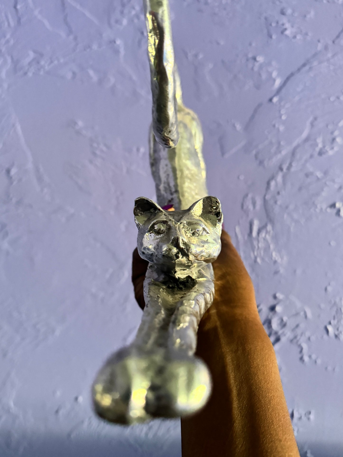 Cat Stretching, Sculpture in Silver-plated Bronze