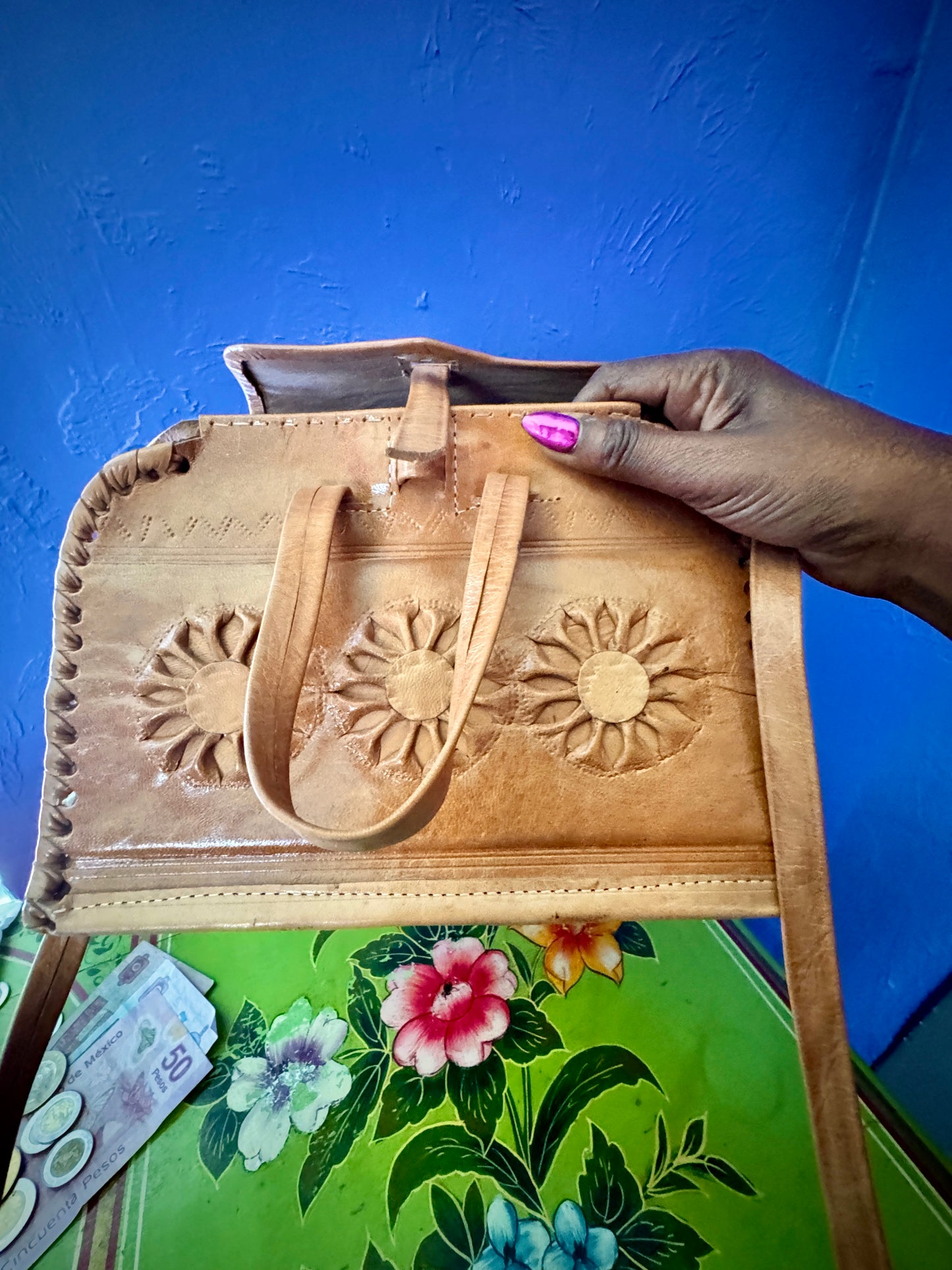 Bohemian Sunflowers Handcrafted Leather Handbag with Shoulder Strap, in Honey Brown