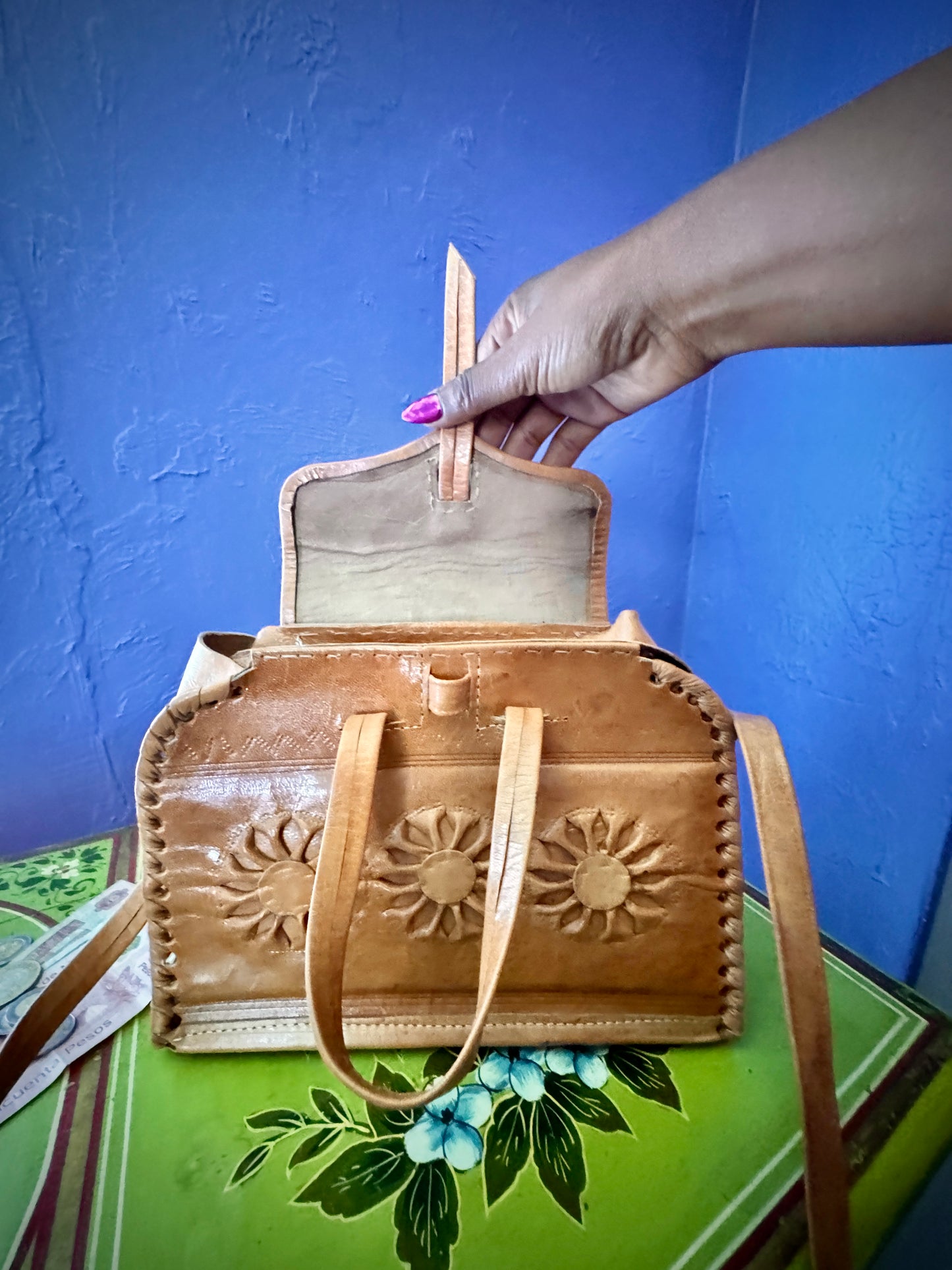 Bohemian Sunflowers Handcrafted Leather Handbag with Shoulder Strap, in Honey Brown
