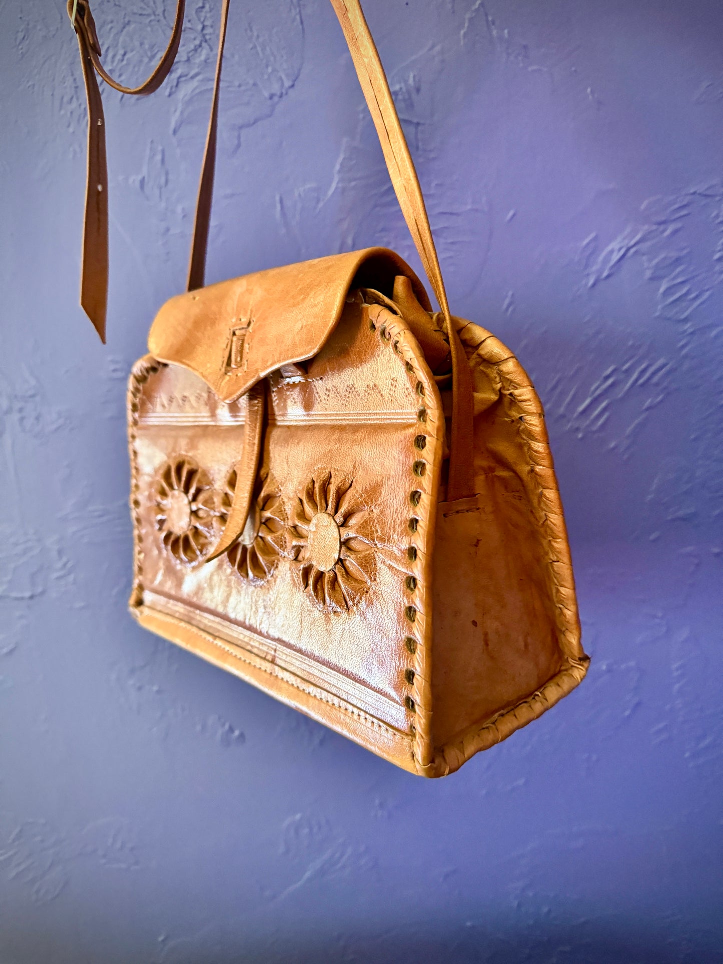 Bohemian Sunflowers Handcrafted Leather Handbag with Shoulder Strap, in Honey Brown