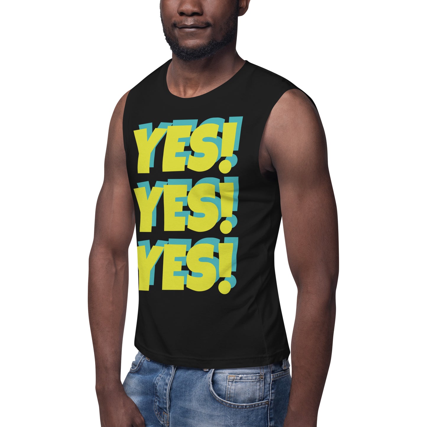 YES! YES! YES! Unisex Black Muscle Shirt - Solar/Turquoise