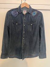 Load image into Gallery viewer, Moonlight Magic Mushrooms by Nicole Young, Hand-painted Levi&#39;s Snap-front Denim Shirt, Men&#39;s M
