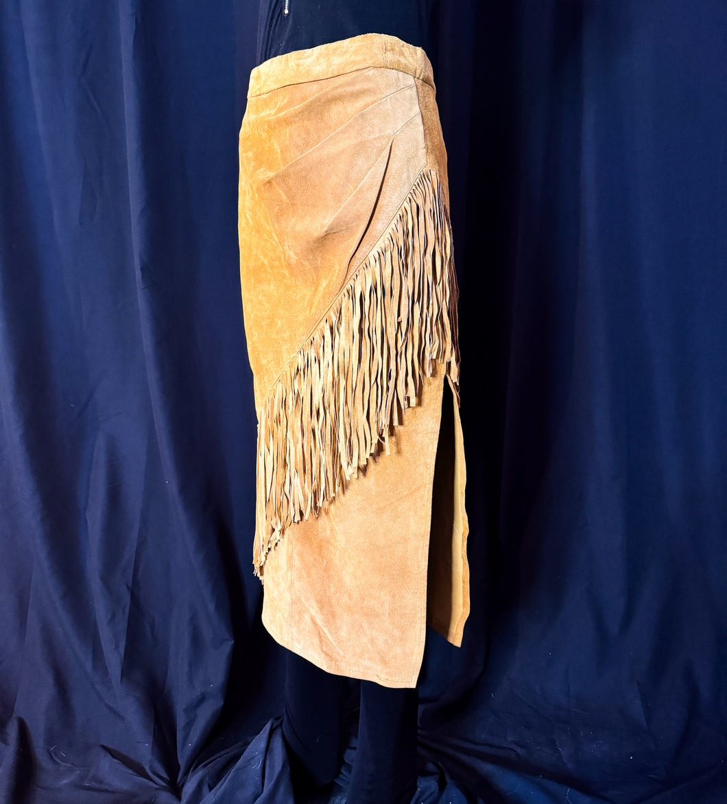 Get Fringed! Old Western Vintage 1990s Long Fringe Tan Suede Skirt - Handmade Women's US Size M