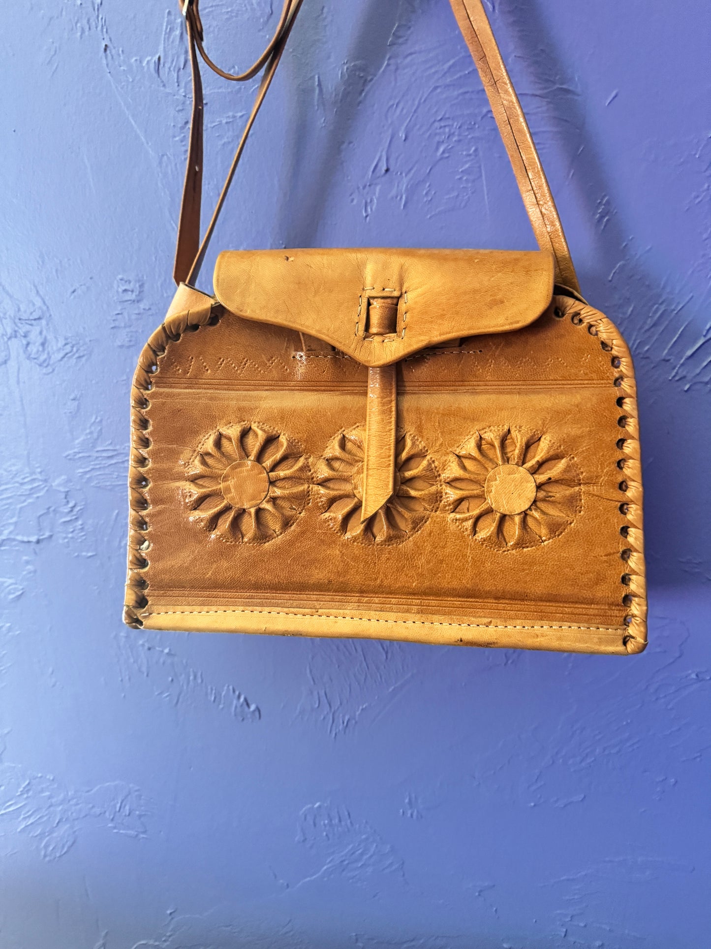 Bohemian Sunflowers Handcrafted Leather Handbag with Shoulder Strap, in Honey Brown