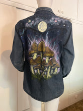 Load image into Gallery viewer, Moonlight Magic Mushrooms by Nicole Young, Hand-painted Levi&#39;s Snap-front Denim Shirt, Men&#39;s M
