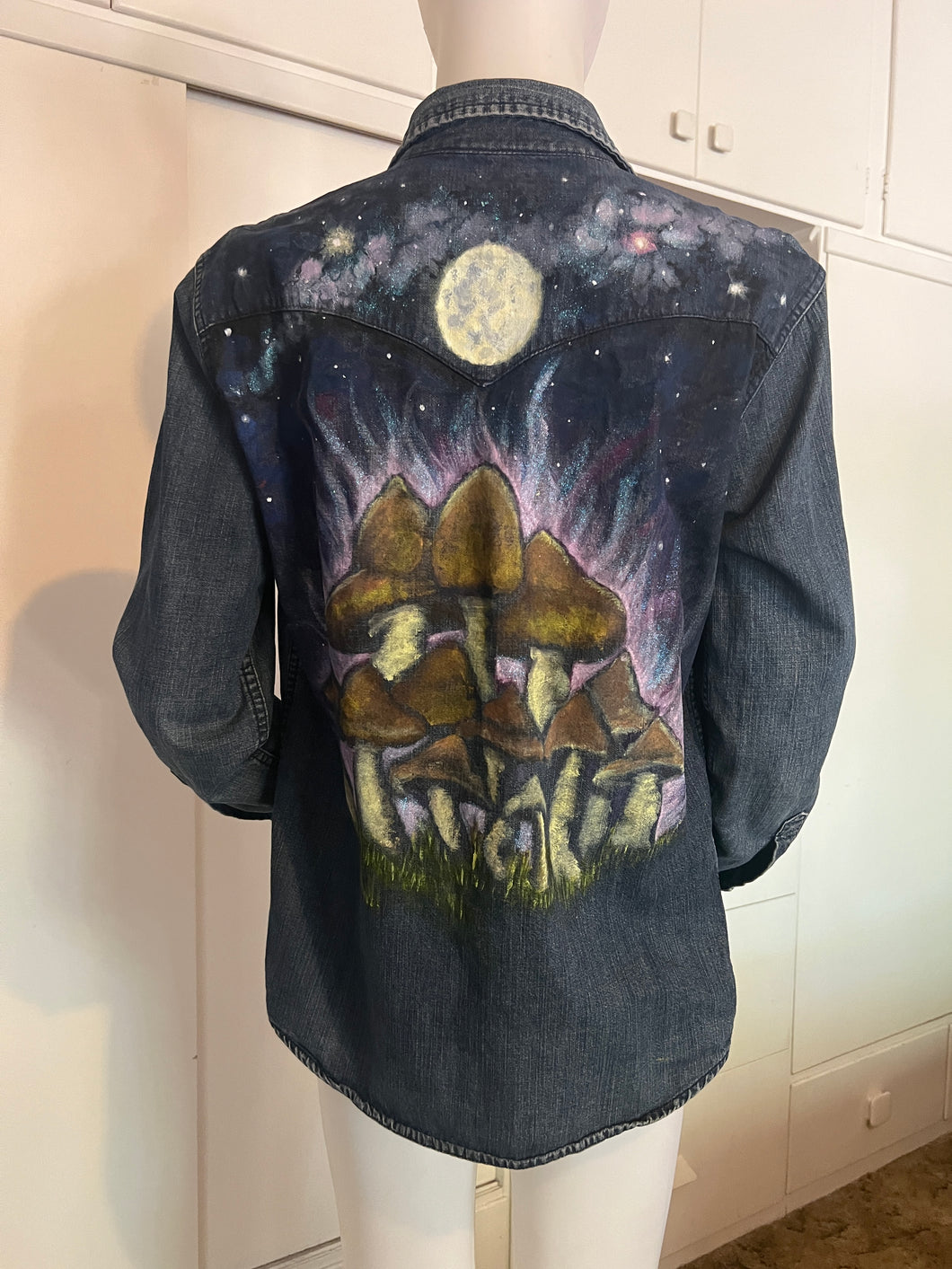 Moonlight Magic Mushrooms by Nicole Young, Hand-painted Levi's Snap-front Denim Shirt, Men's M