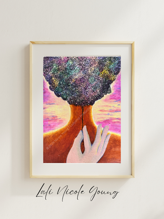 A Shortcut to Infinity by Lali Nicole Young 2026 is original acrylic painting reproduced for print. The image is framed art print on an off-white wall featuring a stylized illustration of a person's back with a vibrant, textured afro hairstyle and a hand pulling a tendril on her back. The name 'Lali Nicole Young' written below in script on the wall