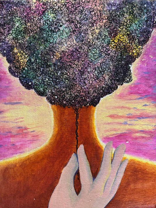 Acrylic painting featuring an abstract representation of a figure with a large, textured afro hairstyle, and a hand pulling a couple curly strands. The background is filled with vibrant, swirling colors of a sunset or a sunrise.