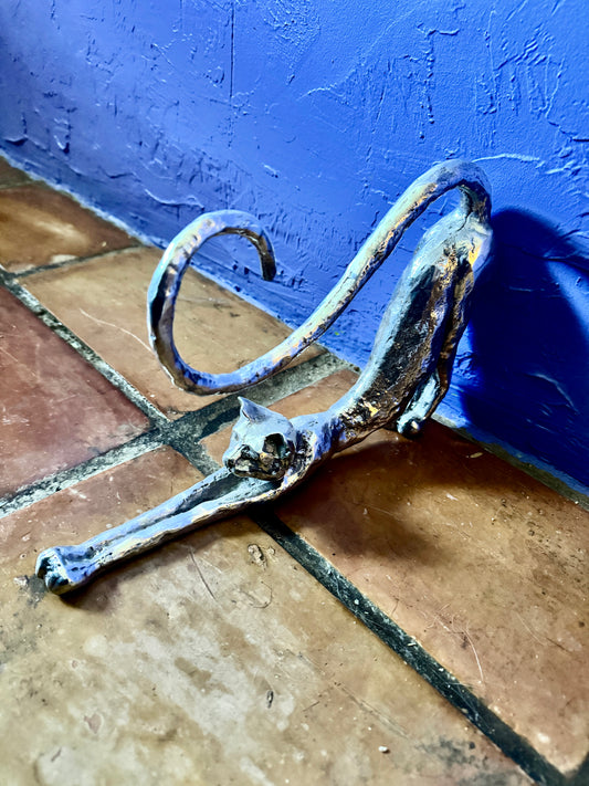 Cat Stretching, Sculpture in Silver-plated Bronze