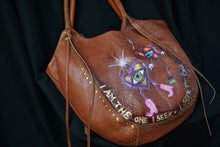 Cargar imagen en el visor de la galería, The Seeker Handpainted by Nicole Young on  Vintage Linnea Pelle Large vintage Bag in brown  cowhide leather, 3/4 view close up
