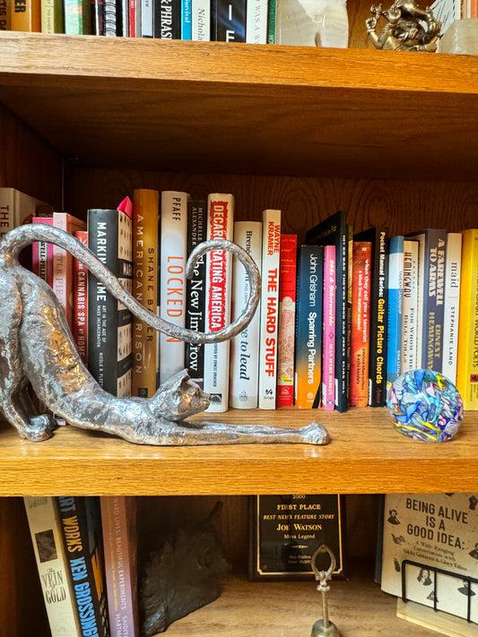 Cat Stretching, Sculpture in Silver-plated Bronze