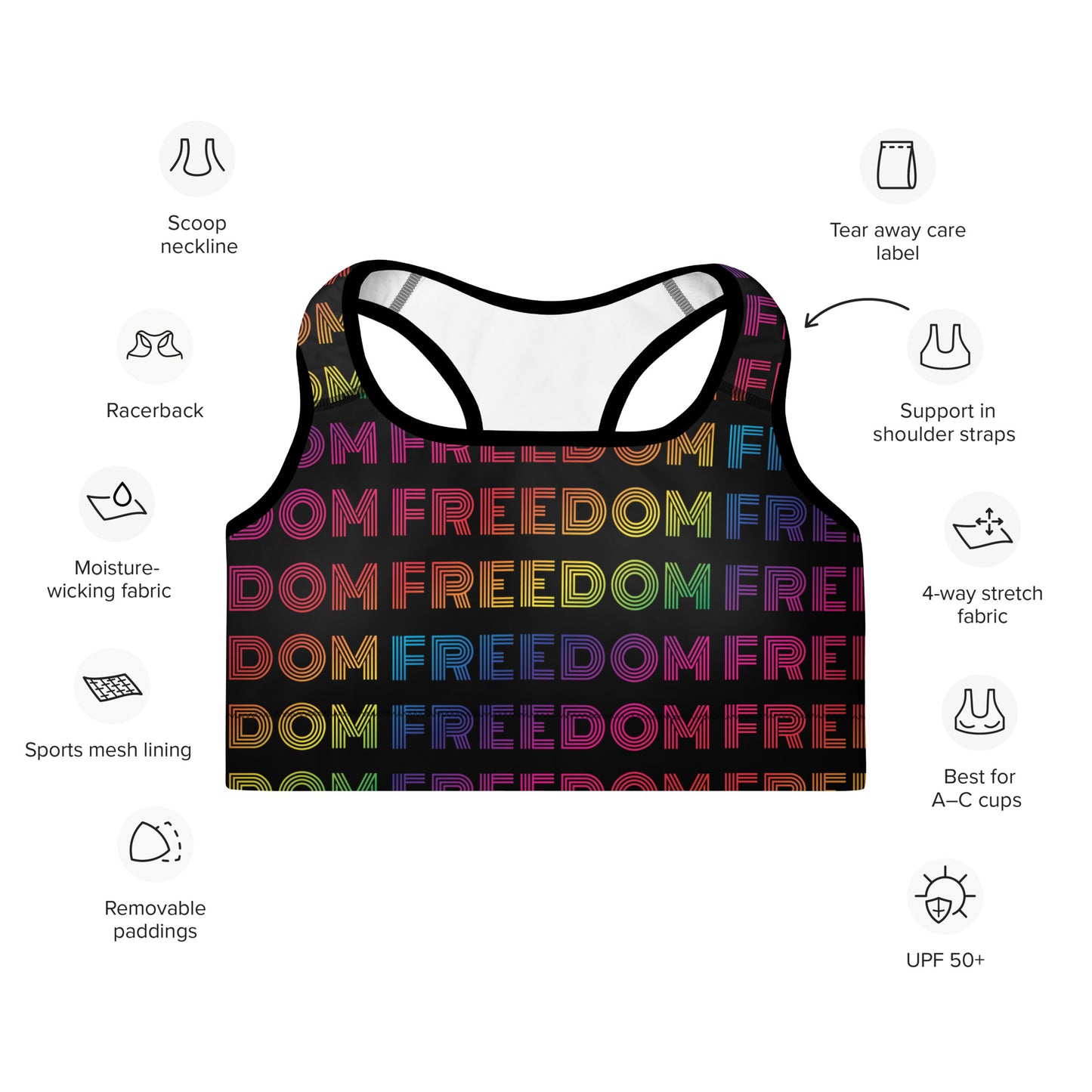 FREEDOM Rainbow Padded Sports Bra - yoga, dance wear, athletic wear for women