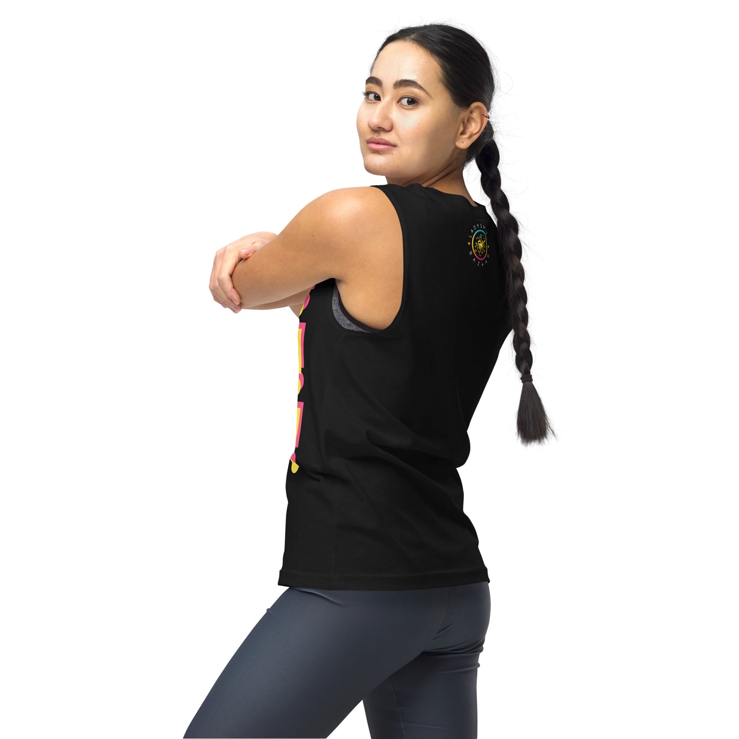 Haute Body Language YES! YES YES! Unisex Black Muscle Shirt , Color: Solar / Sugilite