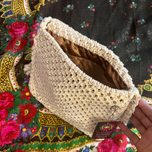 Cargar imagen en el visor de la galería, 1970s handmade macrame shoulder bag with Amber beads and brown satin lining
