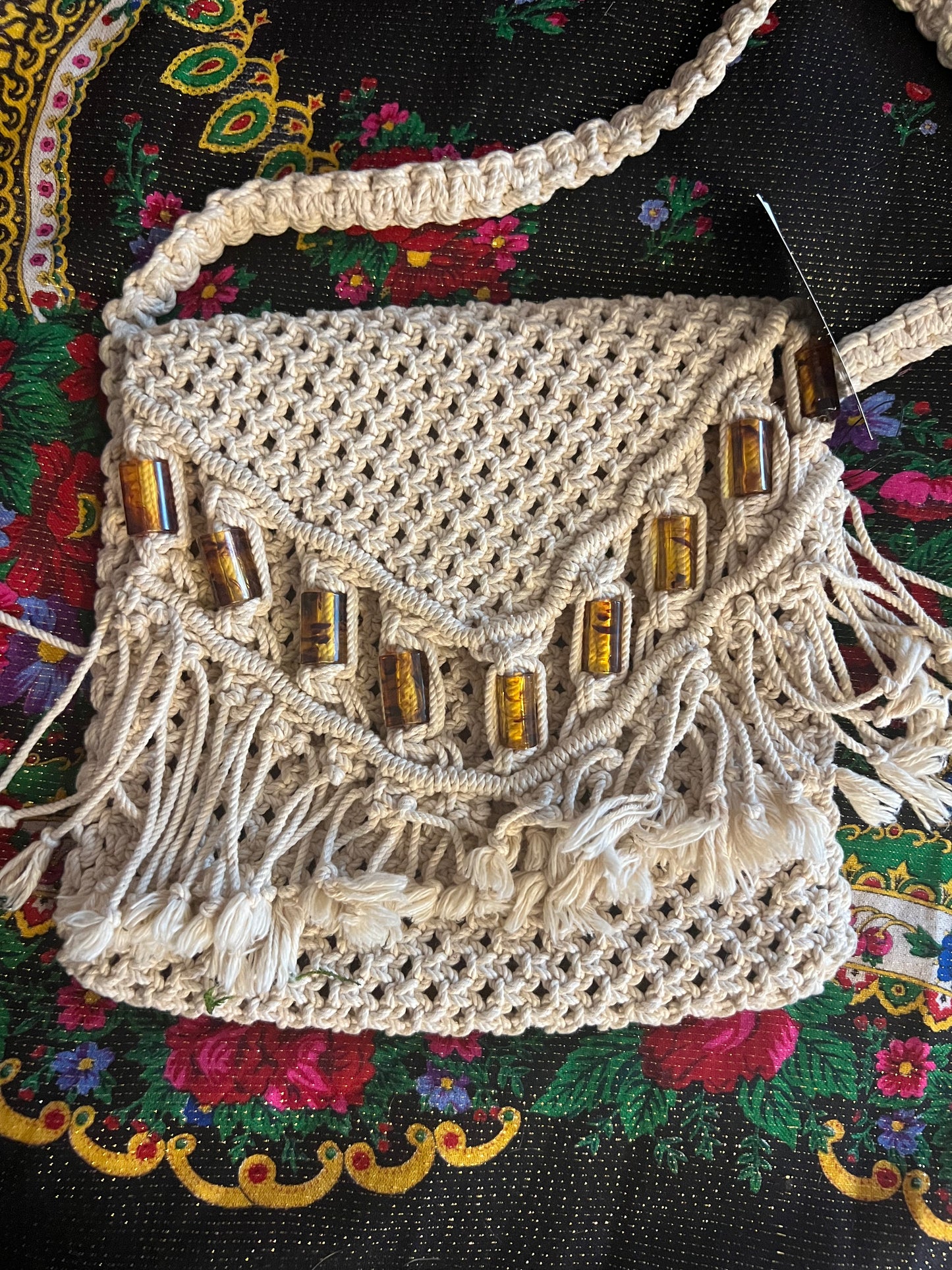 1970s handmade macrame shoulder bag with Amber beads. Vintage. 9 x 11 inches. Color Natural white