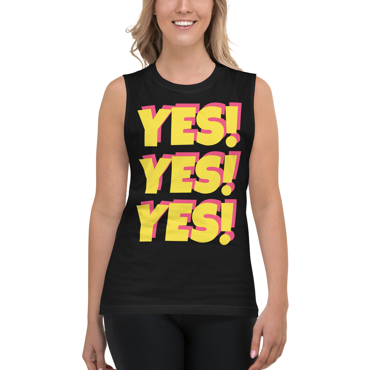 Haute Body Language YES! YES YES! Unisex Black Muscle Shirt , Color: Solar / Sugilite