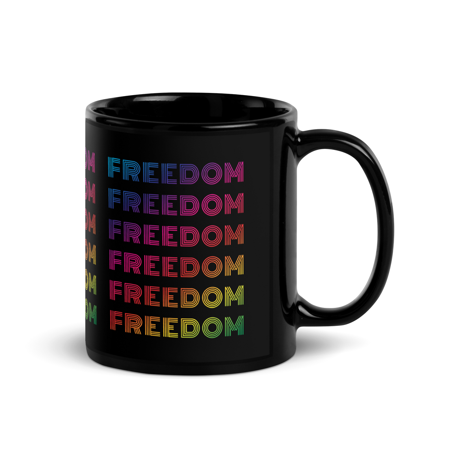 FREEDOM Mug in Rainbow / Black - 11 oz Glossy Coffee Mug, Coffee Cup - Social Activist, Humanitarian, Political Activism, Social Justice
