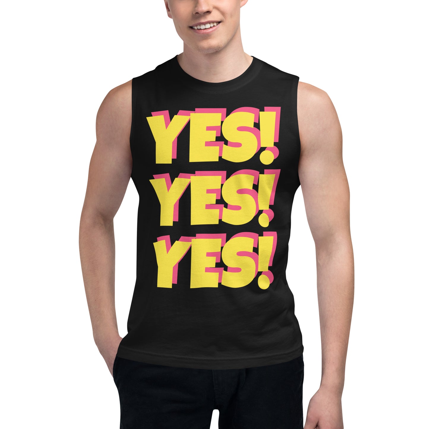 Haute Body Language YES! YES YES! Unisex Black Muscle Shirt , Color: Solar / Sugilite