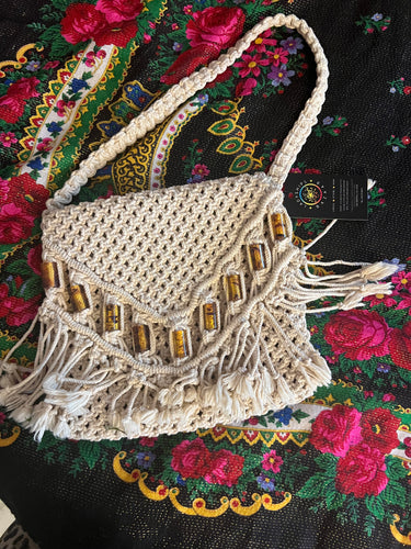 1970s handmade macrame shoulder bag with Amber beads
