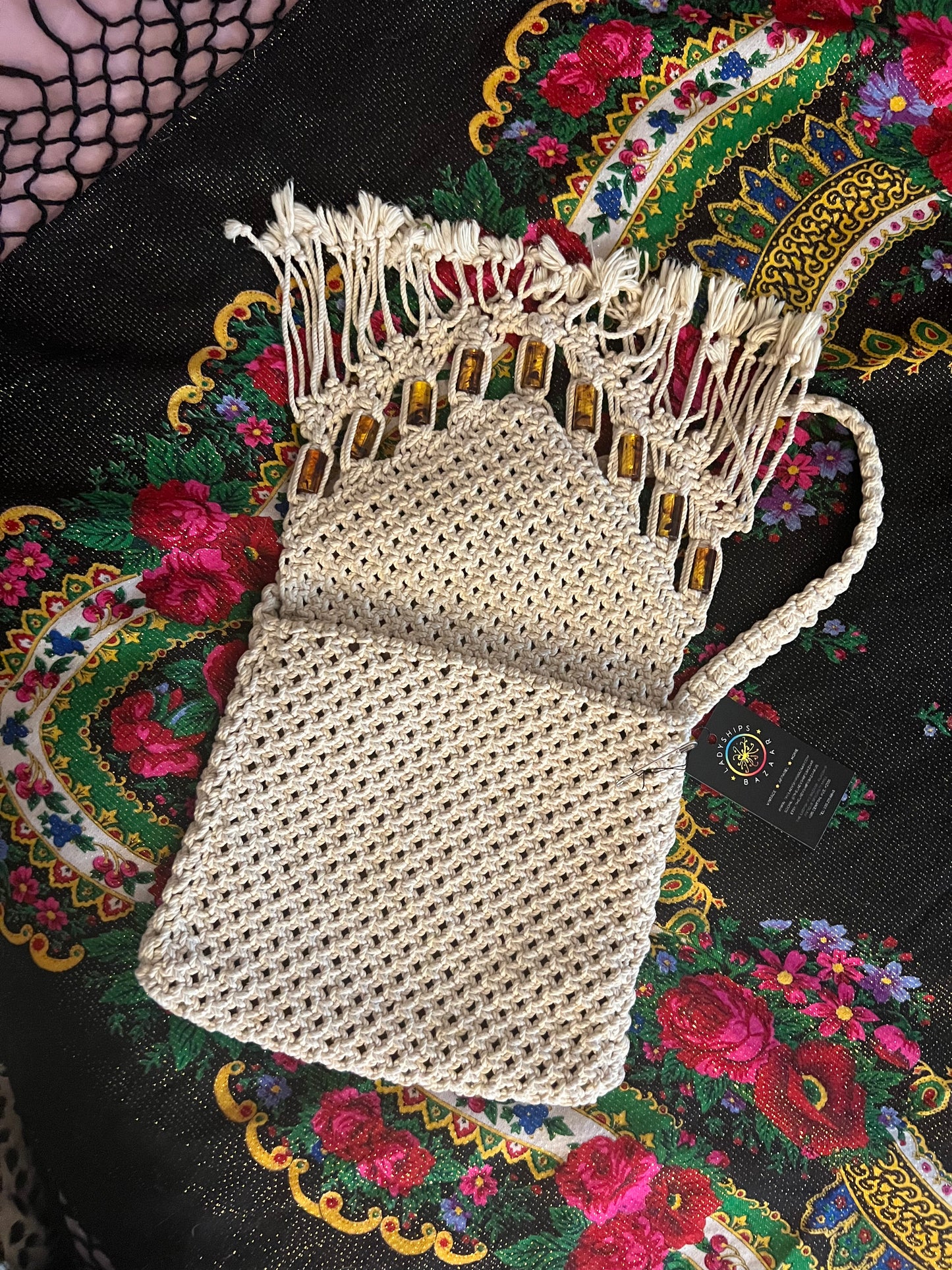 Bohemian Macramé & Fringe Bag with Amber Beads, Handmade, VTG 1970s