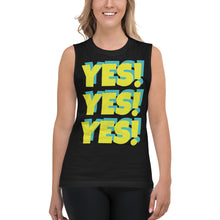 Lade das Bild in den Galerie-Viewer, YES! YES! YES! Unisex Black Muscle Shirt - Solar/Turquoise
