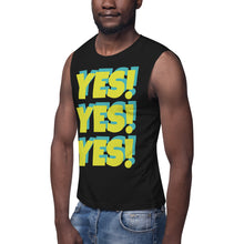 Lade das Bild in den Galerie-Viewer, YES! YES! YES! Unisex Black Muscle Shirt - Solar/Turquoise
