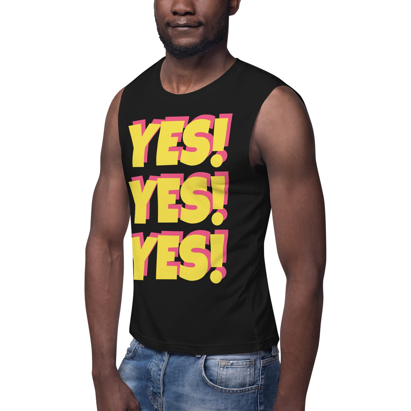 Haute Body Language YES! YES YES! Unisex Black Muscle Shirt , Color: Solar / Sugilite